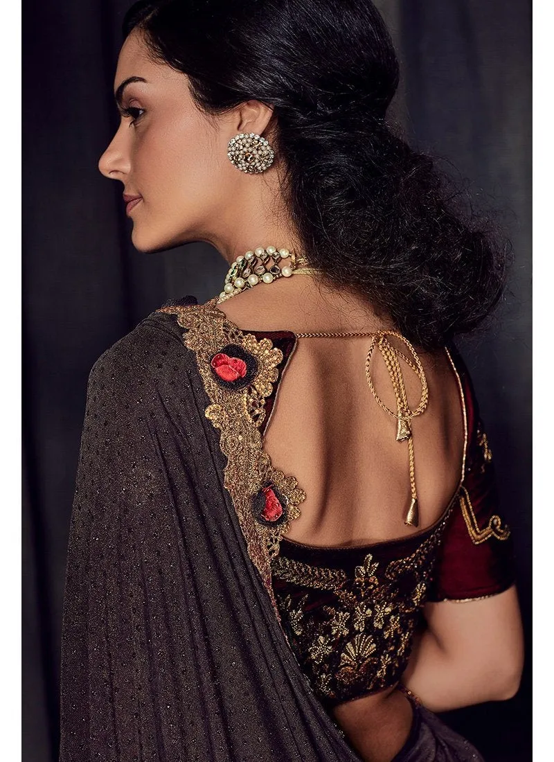 Copper And Maroon Zari Embroidered Designer Saree