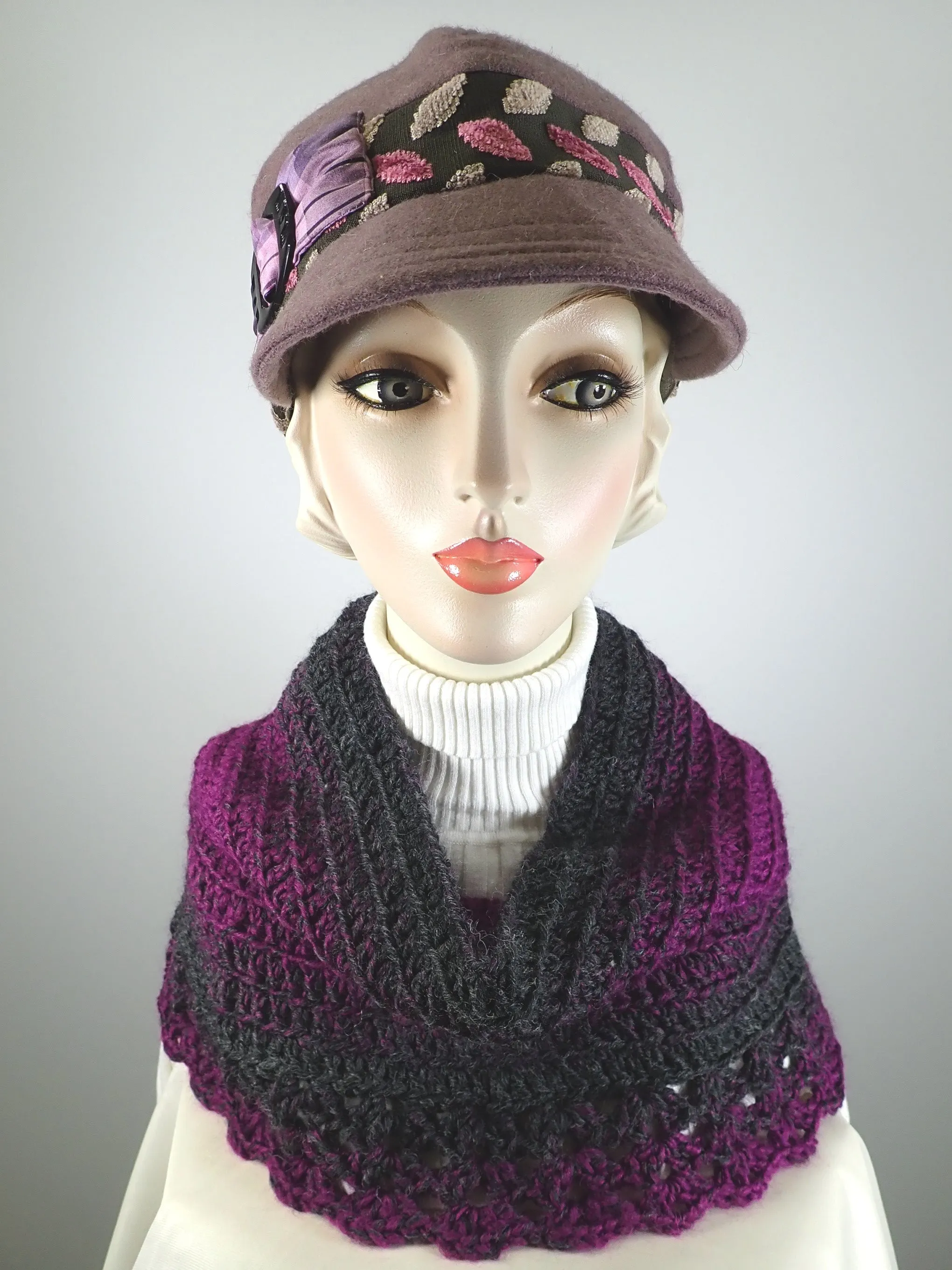 Gifts for her. Hand crocheted burgundy and gray cowl scarf. Soft warm cowl scarf acrylic and wool.